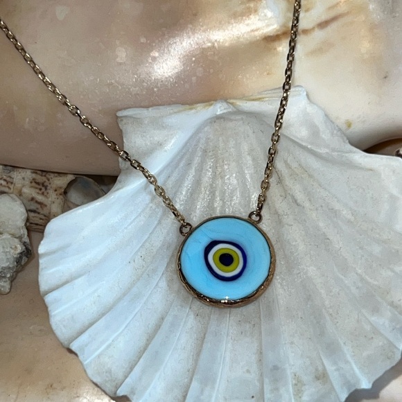 Blue Glass Evil Eye 18k Yellow Gold Over Sterling Silver Necklace - Picture 1 of 5